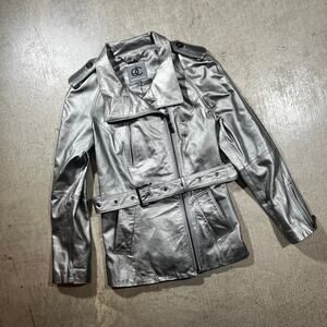 Metallic Silver Moto Jacket Queen Collection Belted Biker Small